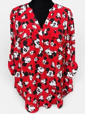 Disney Torrid Mickey Mouse Blouse Size 1 Red 3/4 Sleeve Harper Top Plus 1X